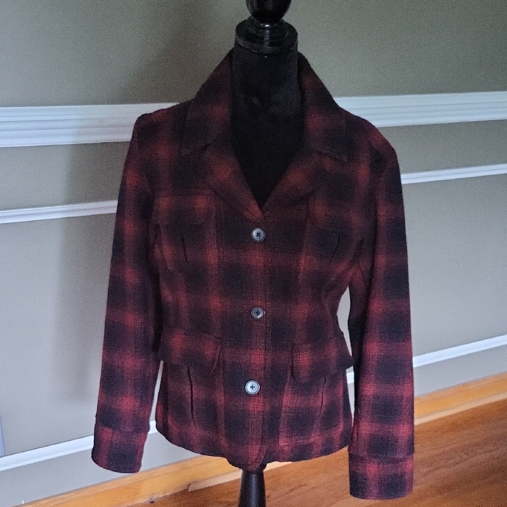 Vintage OshKosh B'gosh Women's Red and Black Blazer Buffalo Check Size Medium